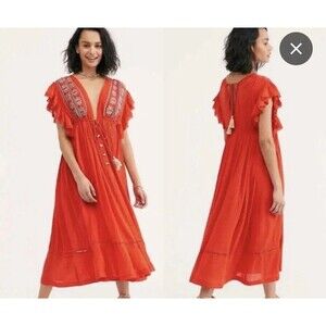 Free People XS Will Wait For You Midi Boho Red Dress Women's Drawstring